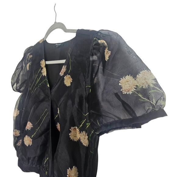 Madewell Blouse Silk Organza Blouse Floral Blouse Puff Sleeve Blouse S Black - Picture 2 of 6
